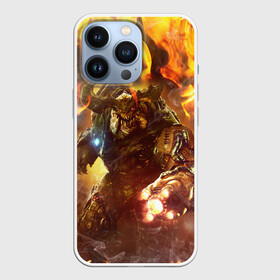 Чехол для iPhone 13 Pro с принтом CYBER DEMON IN FIRE | DOOM BOSS в Петрозаводске,  |  | bos | boss | cyber demon | cyberdemon | demons | devil | doom | doom eternal | doom slayer | fire | hell | in fire | slayer | ад | бос | босс | демон | демоны | дум | кибер демон | кибердемон