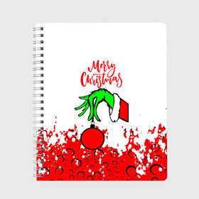 Тетрадь с принтом Merry Christmas Grinch в Петрозаводске, 100% бумага | 48 листов, плотность листов — 60 г/м2, плотность картонной обложки — 250 г/м2. Листы скреплены сбоку удобной пружинной спиралью. Уголки страниц и обложки скругленные. Цвет линий — светло-серый
 | Тематика изображения на принте: 2022 | grinch | happy new year | merry christmas | год тигра | гринч | зима близко | нг | новогодний | новый год | новый год 2022 | рождество | снег | снежинки