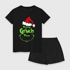 Женская пижама с шортиками хлопок с принтом Resting Grinch Face. в Петрозаводске, 100% хлопок | футболка прямого кроя, шорты свободные с широкой мягкой резинкой | 2022 | grinch | happy new year | merry christmas | год тигра | гринч | зима близко | нг | новогодний | новый год | новый год 2022 | рождество | снег | снежинки