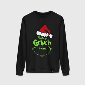 Женский свитшот хлопок с принтом Resting Grinch Face. в Петрозаводске, 100% хлопок | прямой крой, круглый вырез, на манжетах и по низу широкая трикотажная резинка  | Тематика изображения на принте: 2022 | grinch | happy new year | merry christmas | год тигра | гринч | зима близко | нг | новогодний | новый год | новый год 2022 | рождество | снег | снежинки