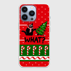 Чехол для iPhone 13 Pro с принтом WHAT | КОТИК | CAT в Петрозаводске,  |  | 2020 | 2021 | 2022 | christmas | merry | what | елка | кот | леденец | нг | новогодний | новый год | паттерн | рождество | свитер | снежинки | узор | узоры | шишки