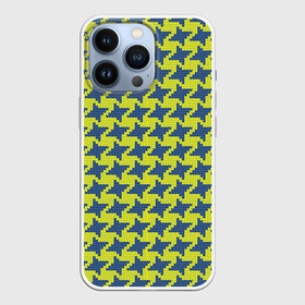 Чехол для iPhone 13 Pro с принтом Сине желтые гусиные лапки в Петрозаводске,  |  | Тематика изображения на принте: вязанка | гусиные лапки | желтый | мода | паттерн | синий | узор