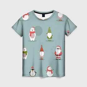 Женская футболка 3D с принтом Новый Гoд в Петрозаводске, 100% полиэфир ( синтетическое хлопкоподобное полотно) | прямой крой, круглый вырез горловины, длина до линии бедер | 2022 | гном | год | дед | зима | мишка | мороз | новый | пингвин | праздик | рождество | снеговик | узор