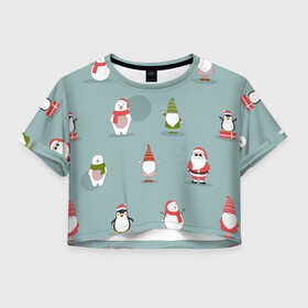 Женская футболка Crop-top 3D с принтом Новый Гoд в Петрозаводске, 100% полиэстер | круглая горловина, длина футболки до линии талии, рукава с отворотами | 2022 | гном | год | дед | зима | мишка | мороз | новый | пингвин | праздик | рождество | снеговик | узор