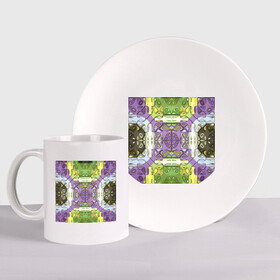 Набор: тарелка + кружка с принтом Коллекция Фрактальная мозаика. Фиолетово-зеленый. Квадрат. в Петрозаводске, керамика | Кружка: объем — 330 мл, диаметр — 80 мм. Принт наносится на бока кружки, можно сделать два разных изображения. 
Тарелка: диаметр - 210 мм, диаметр для нанесения принта - 120 мм. | abstraction | fractal | green | mosaic | pattern | purple | yellow | абстракция | желтый | зеленый | мозайка | на витрину | узор | фиолетовый | фрактал