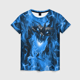 Женская футболка 3D с принтом Дракон в синем пламени Dragon in blue flame в Петрозаводске, 100% полиэфир ( синтетическое хлопкоподобное полотно) | прямой крой, круглый вырез горловины, длина до линии бедер | Тематика изображения на принте: dragon | дракон | миф | монстр | огонь | пламя | фэнтези