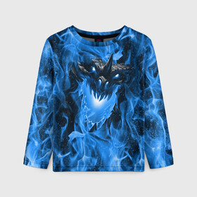 Детский лонгслив 3D с принтом Дракон в синем пламени Dragon in blue flame в Петрозаводске, 100% полиэстер | длинные рукава, круглый вырез горловины, полуприлегающий силуэт
 | dragon | дракон | миф | монстр | огонь | пламя | фэнтези