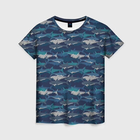 Женская футболка 3D с принтом Хищные Акулы в Петрозаводске, 100% полиэфир ( синтетическое хлопкоподобное полотно) | прямой крой, круглый вырез горловины, длина до линии бедер | fish | ocean | predator | shark | white shark | акула | белая акула | зубы | море | морской хищник | океан | рыба | хищная рыба | хищник