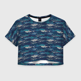 Женская футболка Crop-top 3D с принтом Хищные Акулы в Петрозаводске, 100% полиэстер | круглая горловина, длина футболки до линии талии, рукава с отворотами | fish | ocean | predator | shark | white shark | акула | белая акула | зубы | море | морской хищник | океан | рыба | хищная рыба | хищник