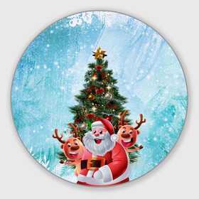 Круглый коврик для мышки с принтом Санта и олени в Петрозаводске, резина и полиэстер | круглая форма, изображение наносится на всю лицевую часть | new year | арт | графика | дед мороз | елка | зима | новый год | олени | рождество | санта