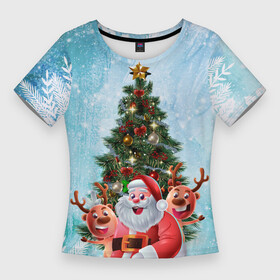 Женская футболка 3D Slim с принтом Санта и олени в Петрозаводске,  |  | new year | арт | графика | дед мороз | елка | зима | новый год | олени | рождество | санта