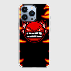 Чехол для iPhone 13 Pro с принтом Geometry Dash Smiley demon в Петрозаводске,  |  | angry | crazy | demon | devil | evil | fire | geometry dash | icons | robtop | smile | геомерия даш | геометри деш | геометри дэш | геометрия дэш | демон | злой смайл | игра геометрия дэш | иконки | огненный | огонь | пламя | платформер