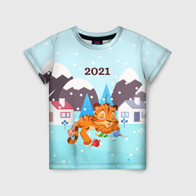 Детская футболка 3D с принтом Спящий тигренок в ожидании нового года в Петрозаводске, 100% гипоаллергенный полиэфир | прямой крой, круглый вырез горловины, длина до линии бедер, чуть спущенное плечо, ткань немного тянется | Тематика изображения на принте: 2022 | год тигра | новый год | новый год 2022 | символ года | тигр | тигренок | тигрица | тигры