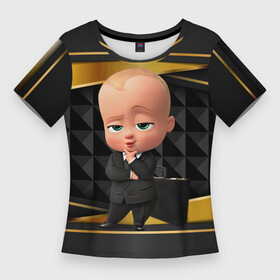 Женская футболка 3D Slim с принтом BOSS gold  black в Петрозаводске,  |  | baby | boss | boss baby | босс | босс молокосос | маленький босс | малыш | мальчик | молокосос | ребенок