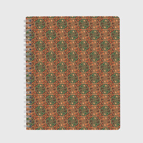 Тетрадь с принтом Абстракция из зеленых и оранжевых восьмиугольников в Петрозаводске, 100% бумага | 48 листов, плотность листов — 60 г/м2, плотность картонной обложки — 250 г/м2. Листы скреплены сбоку удобной пружинной спиралью. Уголки страниц и обложки скругленные. Цвет линий — светло-серый
 | abstraction | circle | polygons | shapes | square | абстрактное искусство | абстракция | винтаж | зеленый | знак | искусство | квадрат | коричневый | красочный | круг | многоугольники | оранжевый | ретро | символ | стиль