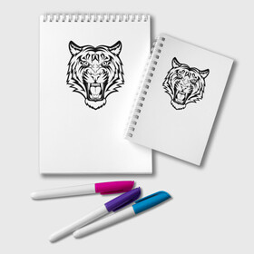Блокнот с принтом черно белый тигр в Петрозаводске, 100% бумага | 48 листов, плотность листов — 60 г/м2, плотность картонной обложки — 250 г/м2. Листы скреплены удобной пружинной спиралью. Цвет линий — светло-серый
 | Тематика изображения на принте: год тигра | новый год | полоски | символ 2022 года | тигр | хищьник