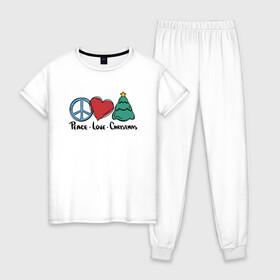Женская пижама хлопок с принтом Peace Love and Christmas в Петрозаводске, 100% хлопок | брюки и футболка прямого кроя, без карманов, на брюках мягкая резинка на поясе и по низу штанин | art | christmas | drawing | heart | love | new year | peace | tree | арт | елка | любовь | мир | новый год | рисунок | рождество | сердце