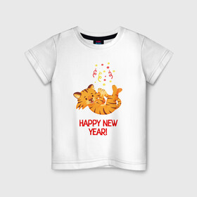 Детская футболка хлопок с принтом Happy New Year Тигренок 2022 в Петрозаводске, 100% хлопок | круглый вырез горловины, полуприлегающий силуэт, длина до линии бедер | 2022 | год тигра | новый год | новый год 2022 | символ года | тигр | тигренок | тигрица | тигры