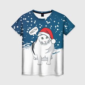 Женская футболка 3D с принтом НОВОГОДНИЙ КОТ БЕНДЕР (МЕМ) в Петрозаводске, 100% полиэфир ( синтетическое хлопкоподобное полотно) | прямой крой, круглый вырез горловины, длина до линии бедер | 2022 | 22 | bender | cat | christmas | meme | memes | meow | merry | new | snow | winter | year | бендер | год | зима | кот | кошка | мем | мемы | мяй | новый | рождество | снег | толстый