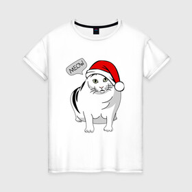 Женская футболка хлопок с принтом НОВОГОДНИЙ КОТ БЕНДЕР МЕМ в Петрозаводске, 100% хлопок | прямой крой, круглый вырез горловины, длина до линии бедер, слегка спущенное плечо | 2022 | 22 | bender | cat | christmas | meme | memes | meow | merry | new | snow | winter | year | бендер | год | зима | кот | кошка | мем | мемы | мяй | новый | рождество | снег | толстый