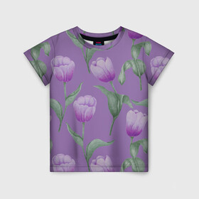 Детская футболка 3D с принтом Фиолетовые тюльпаны с зелеными листьями в Петрозаводске, 100% гипоаллергенный полиэфир | прямой крой, круглый вырез горловины, длина до линии бедер, чуть спущенное плечо, ткань немного тянется | 8 марта | flowers | leaves | nature | tulips | ботаническая иллюстрация | день рождения | зеленый | листья | природа | растения | тюльпаны | фиолетовый | цветы