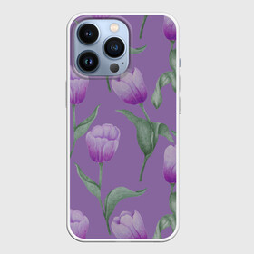 Чехол для iPhone 13 Pro с принтом Фиолетовые тюльпаны с зелеными листьями в Петрозаводске,  |  | 8 марта | flowers | leaves | nature | tulips | ботаническая иллюстрация | день рождения | зеленый | листья | природа | растения | тюльпаны | фиолетовый | цветы