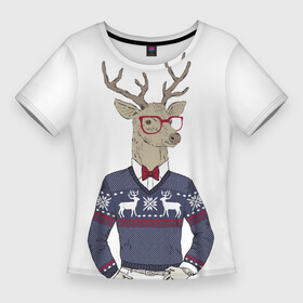 Женская футболка 3D Slim с принтом Олень в свитере 2022 в Петрозаводске,  |  | год | декабрь | зима | новый | одень | праздник | узор