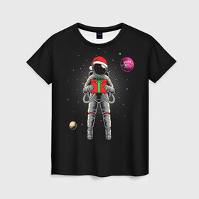 Женская футболка 3D с принтом Астронавт с подарком Astronaut and Gift в Петрозаводске, 100% полиэфир ( синтетическое хлопкоподобное полотно) | прямой крой, круглый вырез горловины, длина до линии бедер | space | астронавт | дед мороз | звезда | космонавт | космос | новый год | планета | подарок | рождество | санта