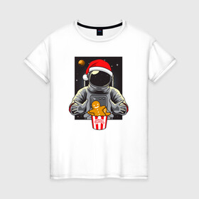 Женская футболка хлопок с принтом Космонавт и Новогоднее печенье Cosmonaut and cookies в Петрозаводске, 100% хлопок | прямой крой, круглый вырез горловины, длина до линии бедер, слегка спущенное плечо | space | астронавт | дед мороз | звезда | космонавт | космос | новый год | планета | подарок | рождество | санта