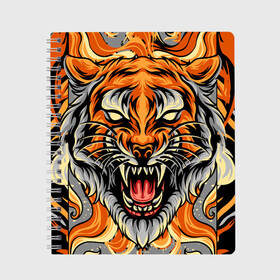 Тетрадь с принтом Символ года тигр в гневе в Петрозаводске, 100% бумага | 48 листов, плотность листов — 60 г/м2, плотность картонной обложки — 250 г/м2. Листы скреплены сбоку удобной пружинной спиралью. Уголки страниц и обложки скругленные. Цвет линий — светло-серый
 | 2022 | большая кошка | животное | новый год | символ года | тигр | хищник