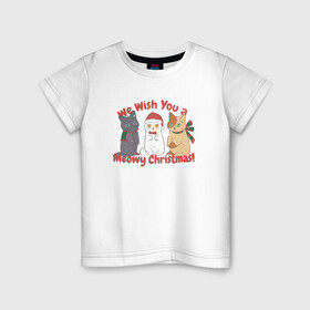Детская футболка хлопок с принтом We Wish You a Meowy Christmas в Петрозаводске, 100% хлопок | круглый вырез горловины, полуприлегающий силуэт, длина до линии бедер | art | cats | christmas | drawing | holiday | merry christmas | new year | seals | snow | арт | котики | коты | кошки | новый год | праздник | рисунок | рождество | снег