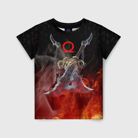 Детская футболка 3D с принтом МЕЧИ КРАТОСА, БОГ ВОЙНЫ в Петрозаводске, 100% гипоаллергенный полиэфир | прямой крой, круглый вырез горловины, длина до линии бедер, чуть спущенное плечо, ткань немного тянется | ascension | betrayal | chains of olympus | cratos | fire | flame | ghost of sparta | god of war | hack and slash | kratos | logo | ragnarok | rune | бог войны | год ов вар | год оф вар | игра | иероглифы | кратос | лого | логотип | огонь | пламя | рагнарё