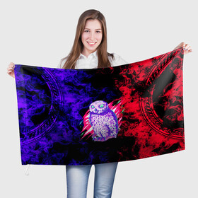 Флаг 3D с принтом Токийский гуль Сова в Петрозаводске, 100% полиэстер | плотность ткани — 95 г/м2, размер — 67 х 109 см. Принт наносится с одной стороны | аниме | арт | клюв | краски | неон | огонь | перья | портал | сова
