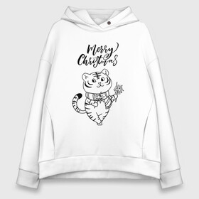 Женское худи Oversize хлопок с принтом Merry Christmas Тигр с Огоньками. в Петрозаводске, френч-терри — 70% хлопок, 30% полиэстер. Мягкий теплый начес внутри —100% хлопок | боковые карманы, эластичные манжеты и нижняя кромка, капюшон на магнитной кнопке | 2022 | happy new year | merry christmas | год тигра | зима близко | нг | новогодний | новогодний тигр | новый год | новый год 2022 | праздник | рождество | символ 2022 года | тигр