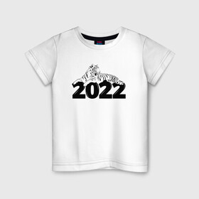 Детская футболка хлопок с принтом Новогодний Тигр лежит на цифре 2022. в Петрозаводске, 100% хлопок | круглый вырез горловины, полуприлегающий силуэт, длина до линии бедер | 2022 | happy new year | merry christmas | год тигра | зима близко | нг | новогодний | новогодний тигр | новый год | новый год 2022 | рождество | символ 2022 года | тигр