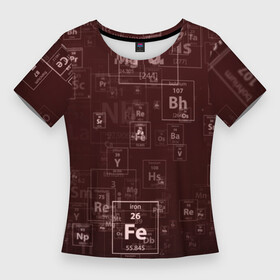 Женская футболка 3D Slim с принтом Fe  Таблица Менделеева в Петрозаводске,  |  | fe | для студентов | для физиков | для химиков | железо | наука | таблица менделеева | ученым | физика | химия | элемент