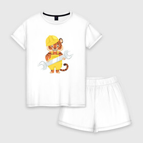 Женская пижама с шортиками хлопок с принтом Тигр ремонтник в Петрозаводске, 100% хлопок | футболка прямого кроя, шорты свободные с широкой мягкой резинкой | 2022 | год тигра | новый год | новый год 2022 | символ года | тигр | тигренок | тигрица | тигры