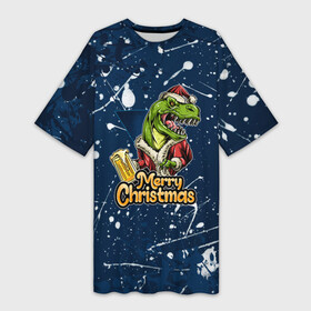 Платье-футболка 3D с принтом Merry Christmas Пивозавр. в Петрозаводске,  |  | 2022 | happy new year | merry christmas | год тигра | дино | динозавр | зима близко | нг | новогодний | новый год | новый год 2022 | рождество | снежинки | тигр