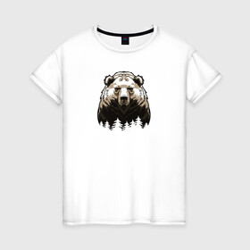 Женская футболка хлопок с принтом Медведь над лесом в Петрозаводске, 100% хлопок | прямой крой, круглый вырез горловины, длина до линии бедер, слегка спущенное плечо | bear | the owner of the taiga | медведь | русский медведь | хозяин тайги