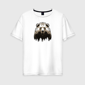 Женская футболка хлопок Oversize с принтом Медведь над лесом в Петрозаводске, 100% хлопок | свободный крой, круглый ворот, спущенный рукав, длина до линии бедер
 | bear | the owner of the taiga | медведь | русский медведь | хозяин тайги
