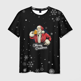Мужская футболка 3D с принтом Merry Christmas Санта с пивом в Петрозаводске, 100% полиэфир | прямой крой, круглый вырез горловины, длина до линии бедер | 2022 | happy new year | merry christmas | santa | год тигра | зима близко | нг | новогодний | новогодний санта | новый год | новый год 2022 | рождество | санта | символ 2022 года | снег