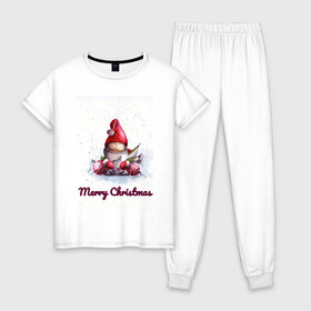 Женская пижама хлопок с принтом Рождественский гномик в Петрозаводске, 100% хлопок | брюки и футболка прямого кроя, без карманов, на брюках мягкая резинка на поясе и по низу штанин | Тематика изображения на принте: гномик | детство | игрушка | новый год | праздник | рождество