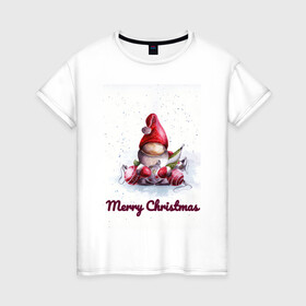Женская футболка хлопок с принтом Рождественский гномик в Петрозаводске, 100% хлопок | прямой крой, круглый вырез горловины, длина до линии бедер, слегка спущенное плечо | гномик | детство | игрушка | новый год | праздник | рождество