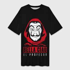 Платье-футболка 3D с принтом BELLA CIAO EL PROFESOR в Петрозаводске,  |  | bella | bells | casa | ciao | de | el | jingle | la | moscow | netflix | papel | professor | resistencia | tokio | viva | бумажный | дом | профессор