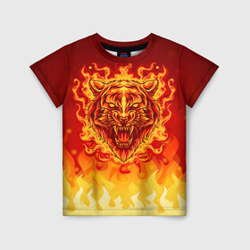 Детская футболка 3D с принтом Огненный тигр в пламени в Петрозаводске, 100% гипоаллергенный полиэфир | прямой крой, круглый вырез горловины, длина до линии бедер, чуть спущенное плечо, ткань немного тянется | огонь | пламя | символ года | тигр | хищник