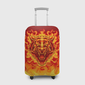 Чехол для чемодана 3D с принтом Огненный тигр в пламени в Петрозаводске, 86% полиэфир, 14% спандекс | двустороннее нанесение принта, прорези для ручек и колес | огонь | пламя | символ года | тигр | хищник