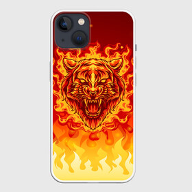 Чехол для iPhone 13 с принтом Огненный тигр в пламени в Петрозаводске,  |  | огонь | пламя | символ года | тигр | хищник