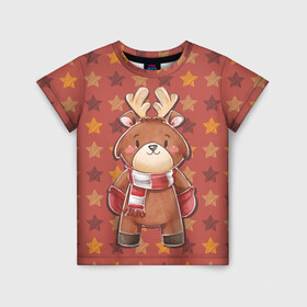 Детская футболка 3D с принтом Милый олень в звездах в Петрозаводске, 100% гипоаллергенный полиэфир | прямой крой, круглый вырез горловины, длина до линии бедер, чуть спущенное плечо, ткань немного тянется | животное | звезды | олень | олень в шарфе | рога