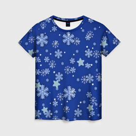 Женская футболка 3D с принтом Снежинки.. в Петрозаводске, 100% полиэфир ( синтетическое хлопкоподобное полотно) | прямой крой, круглый вырез горловины, длина до линии бедер | 2022 | в топе | в тренде | зима | новый год | подарок | популярное | снег | снежинки
