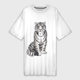 Платье-футболка 3D с принтом Сидящая белая тигрица в Петрозаводске,  |  | tiger | tigress | white tiger | белый тигр | символ 2022 | тигр сидит | тигрца